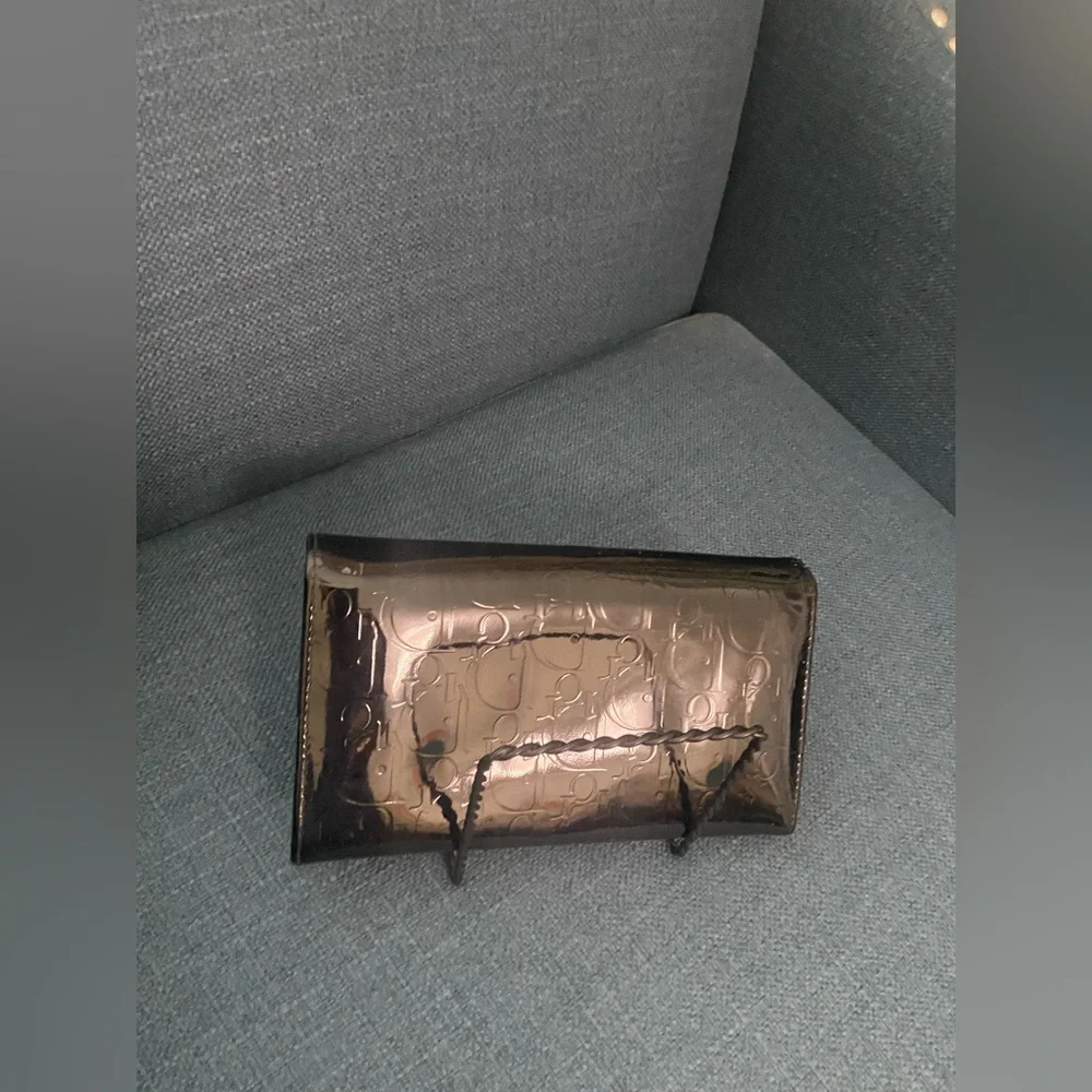 Authentic Dior Black Patent Leather Wallet Clutch with Fold-Over Design Silver